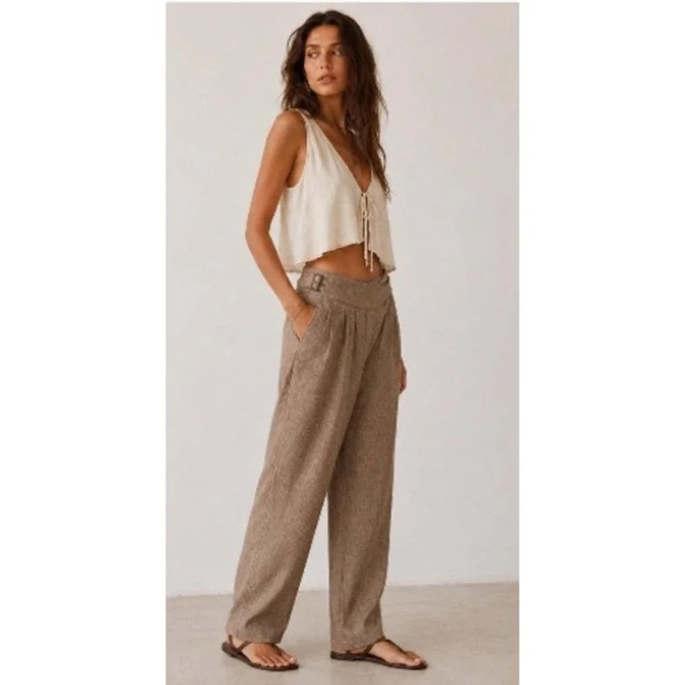 Banana Republic Linen Herringbone Pleated Pants Women 8 Beige Buckle Office Chic